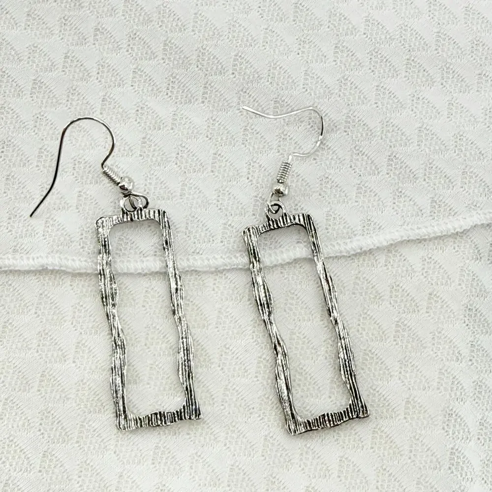 Silver Abstract Rectangle Dangle Earrings Modern Minimalist Drop